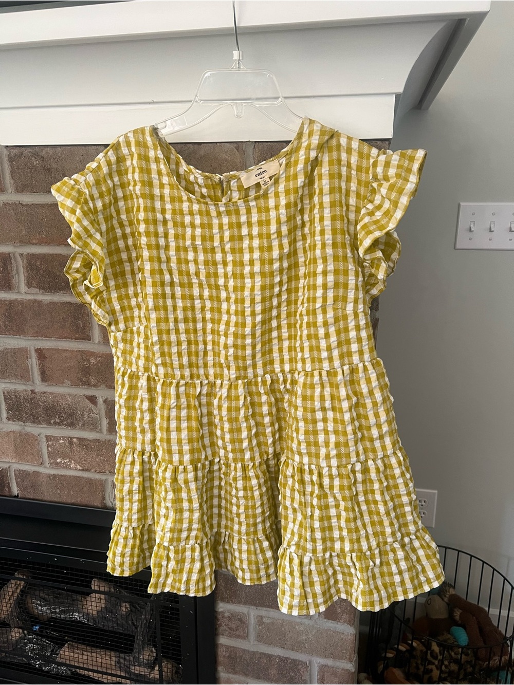 entro Yellow Gingham Ruffle Sleeve Tiered Dress